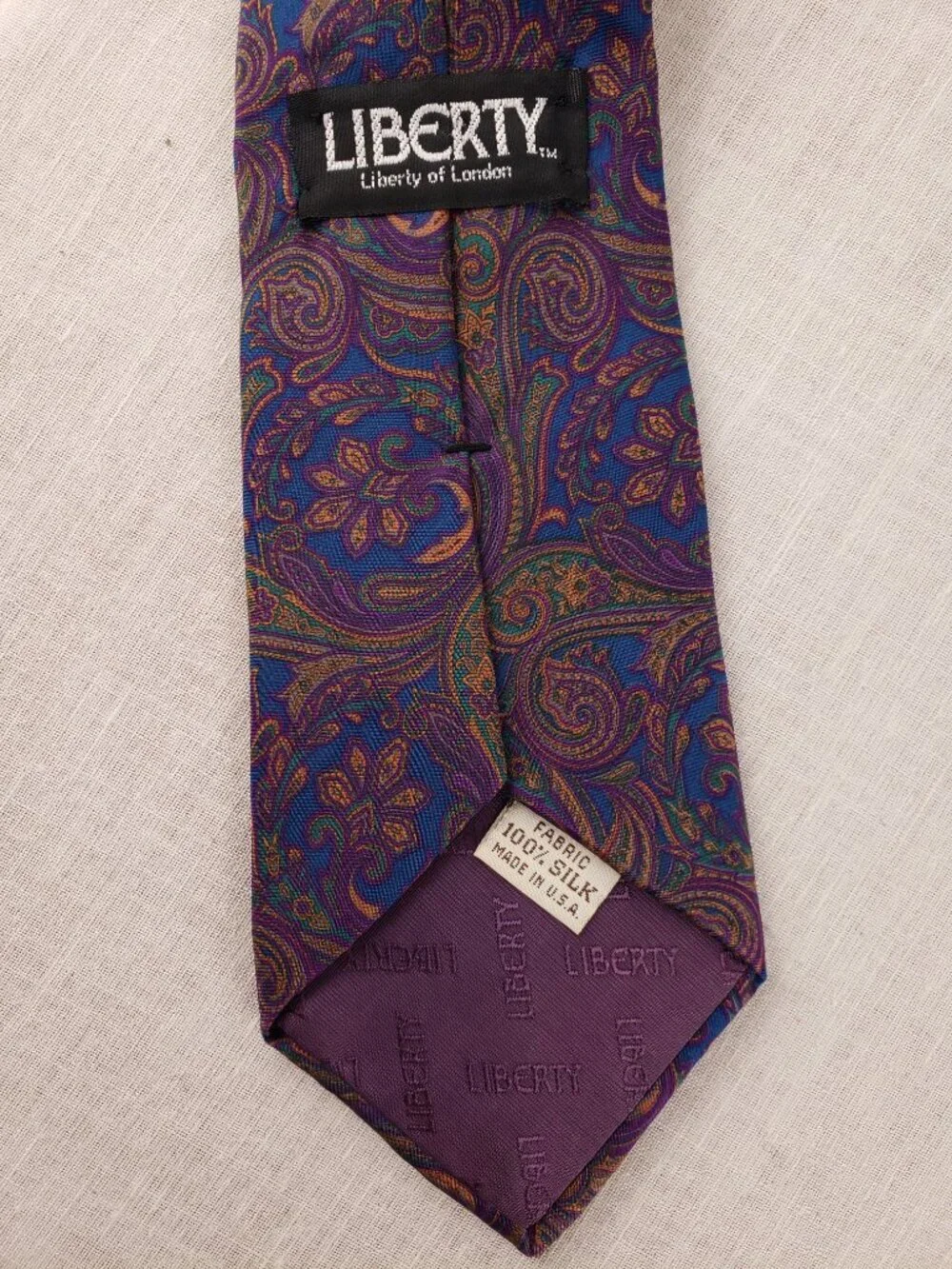 Liberty of London Mens Paisley Silk Neck Tie Purple Blue Gold Made in USA Vtg